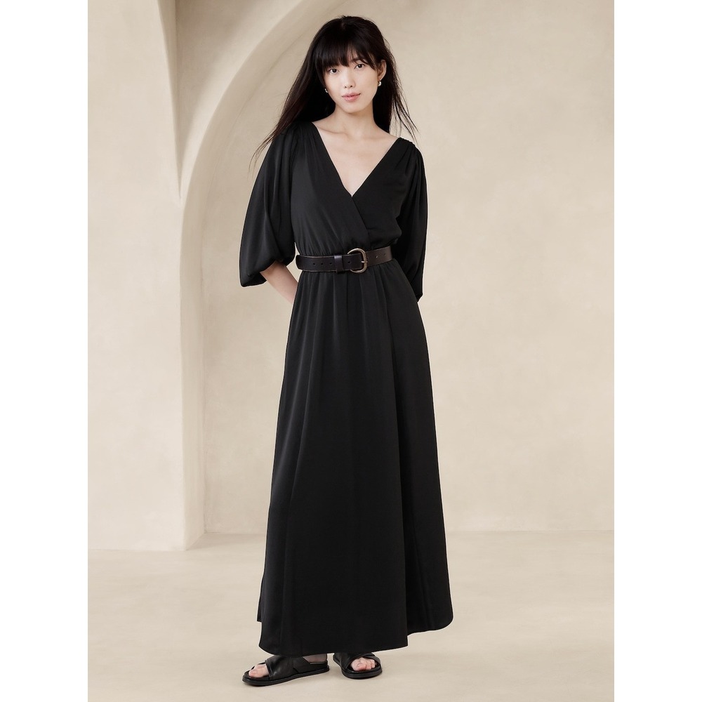 Banana Republic Long Sleeve‎ Blouson V-Neck Faux Wrap Maxi Dress Medium Petite